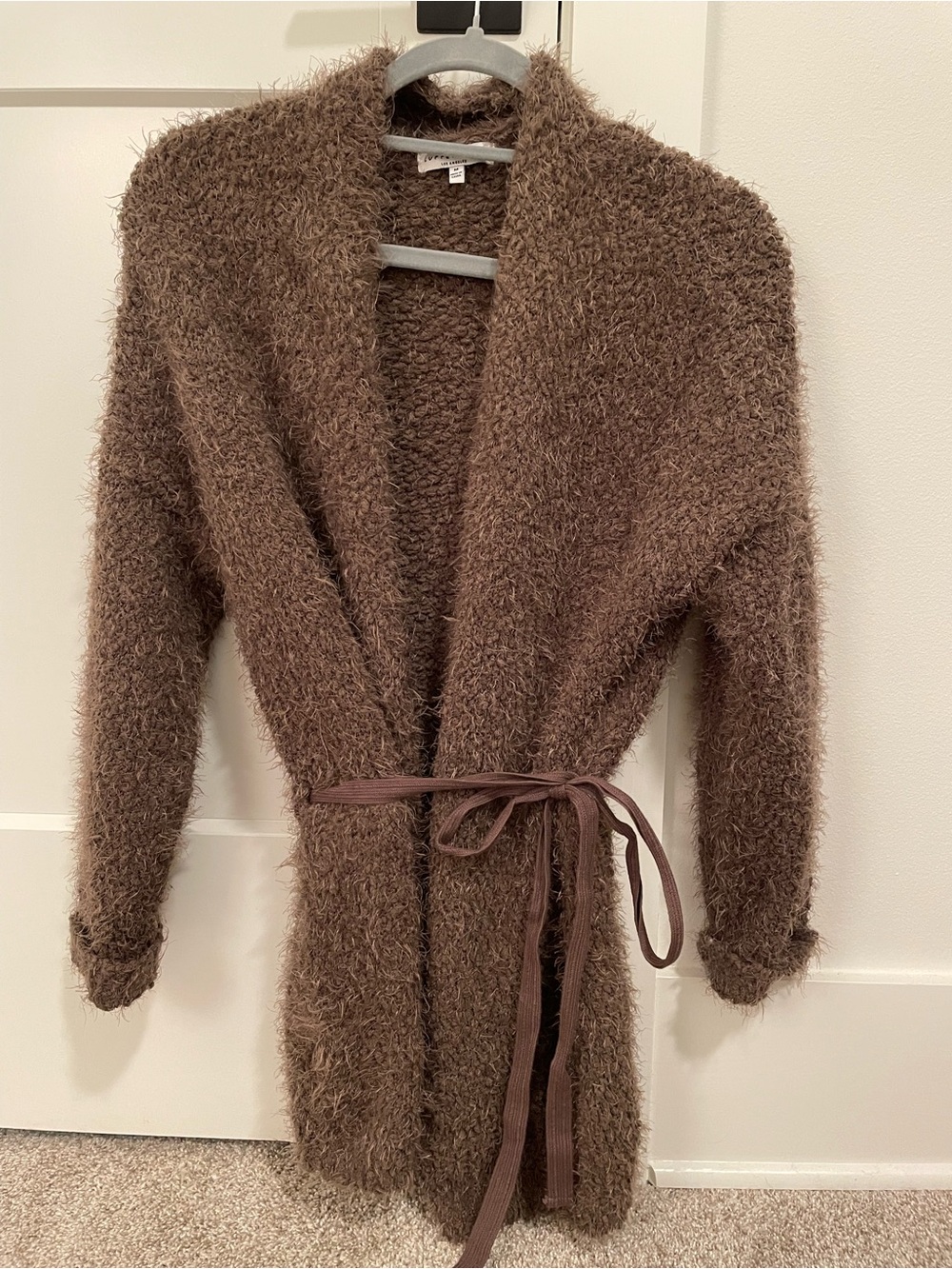 Current Air Cozy Textured Brown Fuzzy Cardigan with Belt
